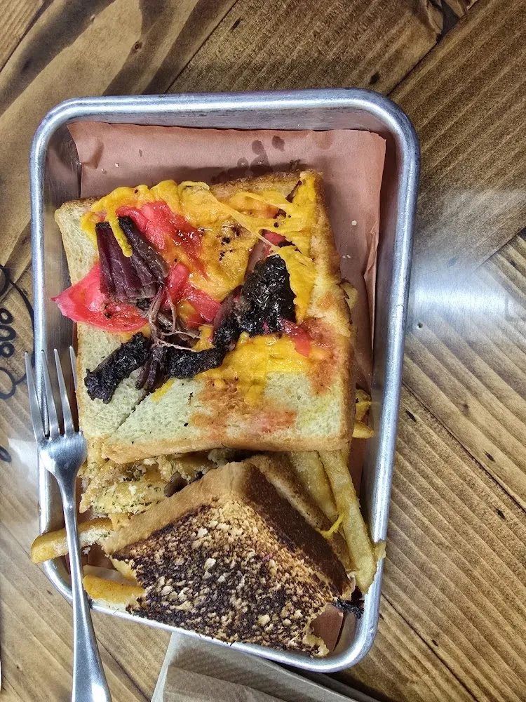 Grilled Cheese with Brisket Sandwich and Garlic Parmesan Fries